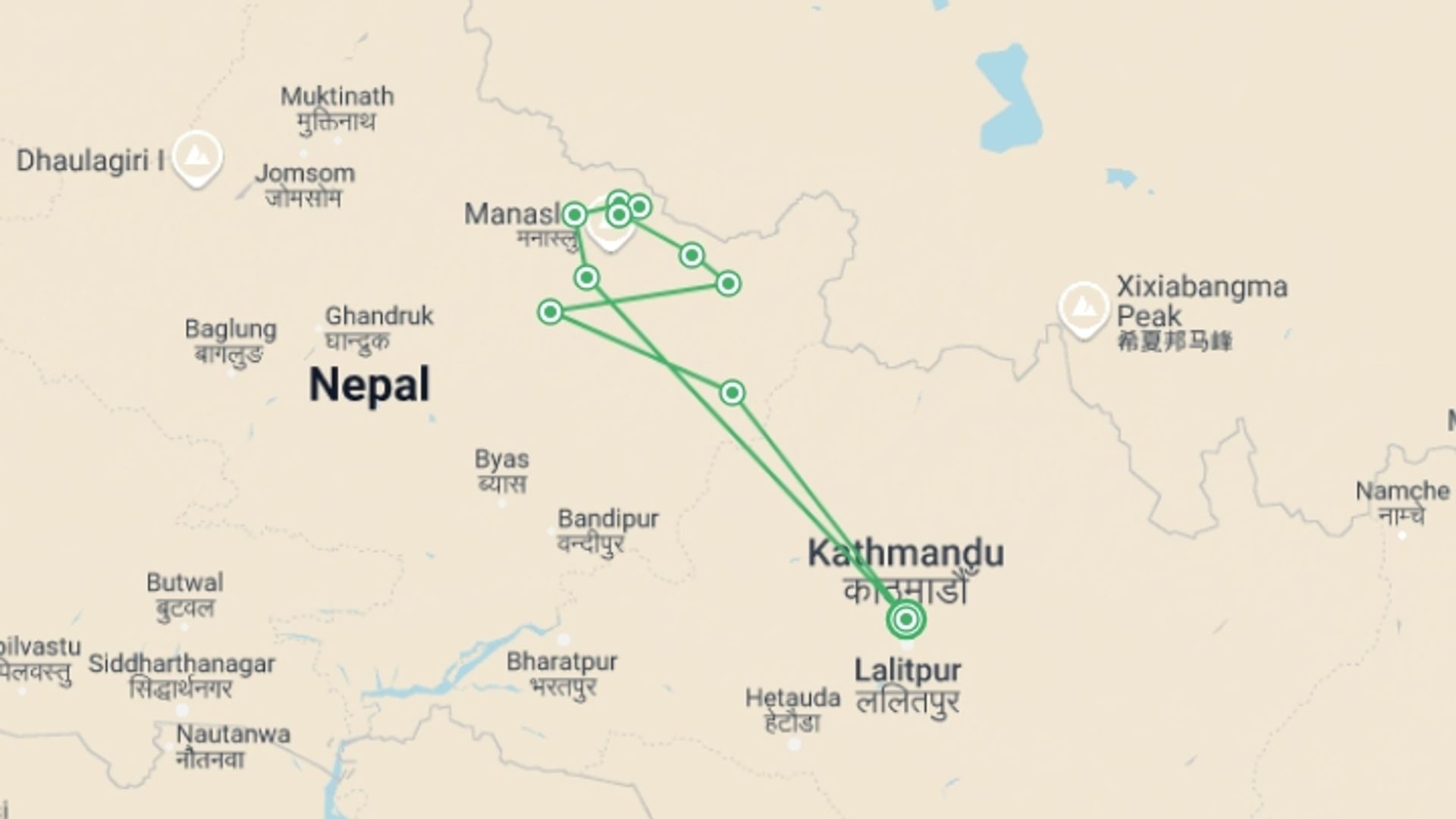 A map showing the tour itinerary for the trip: Manaslu Circuit Trek, starting in Kathmandu, Nepal and ending in Kathmandu, Nepal going through 10 other destinations.