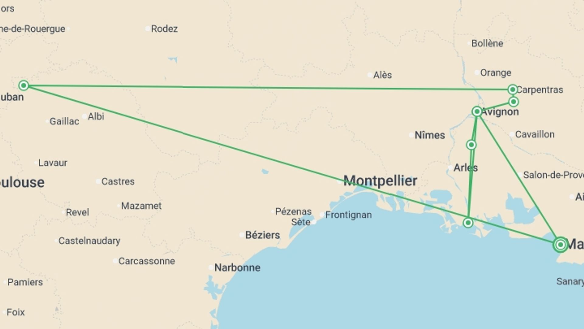 A map showing the tour itinerary for the trip: Cycle Provence, starting in Marseille, France and ending in Marseille, France going through 7 other destinations.