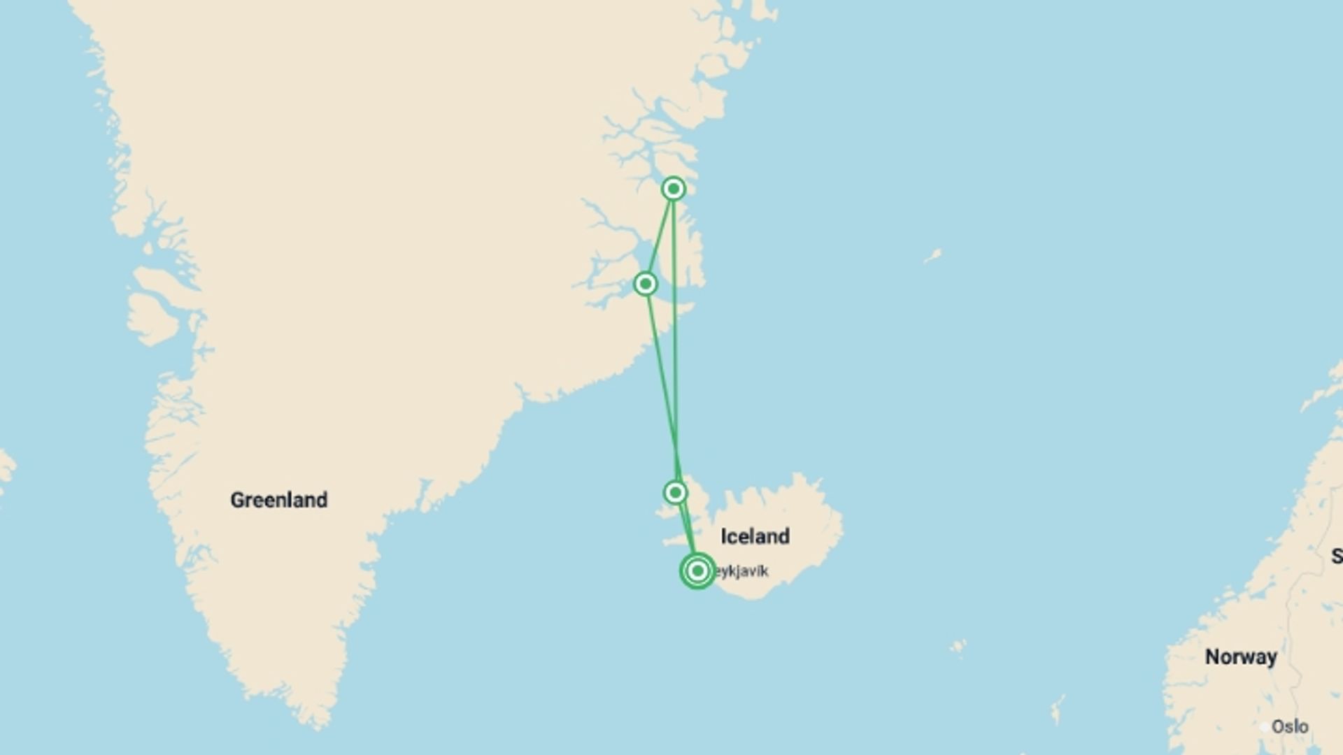 A map showing the tour itinerary for the trip: Iceland to Greenland: Total Solar Eclipse, 13 Days, starting in Reykjavik, Iceland and ending in Reykjavik, Iceland going through 1 other destinations.