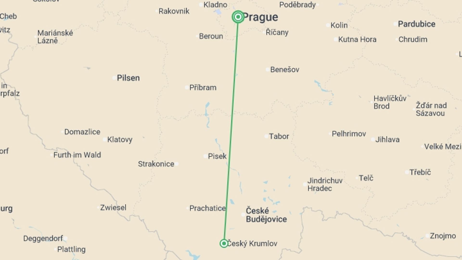 A map showing the tour itinerary for the trip: Czechia UNESCO Tour – 7 UNESCO Sites in 6 Day, starting in Prague, Czech Republic and ending in Prague, Czech Republic going through 1 other destinations.