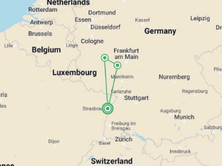 Map of Strasbourg Cruise Tour with 3 destination visits for the trip: Christmas on the romantic Rhine (port-to-port cruise)