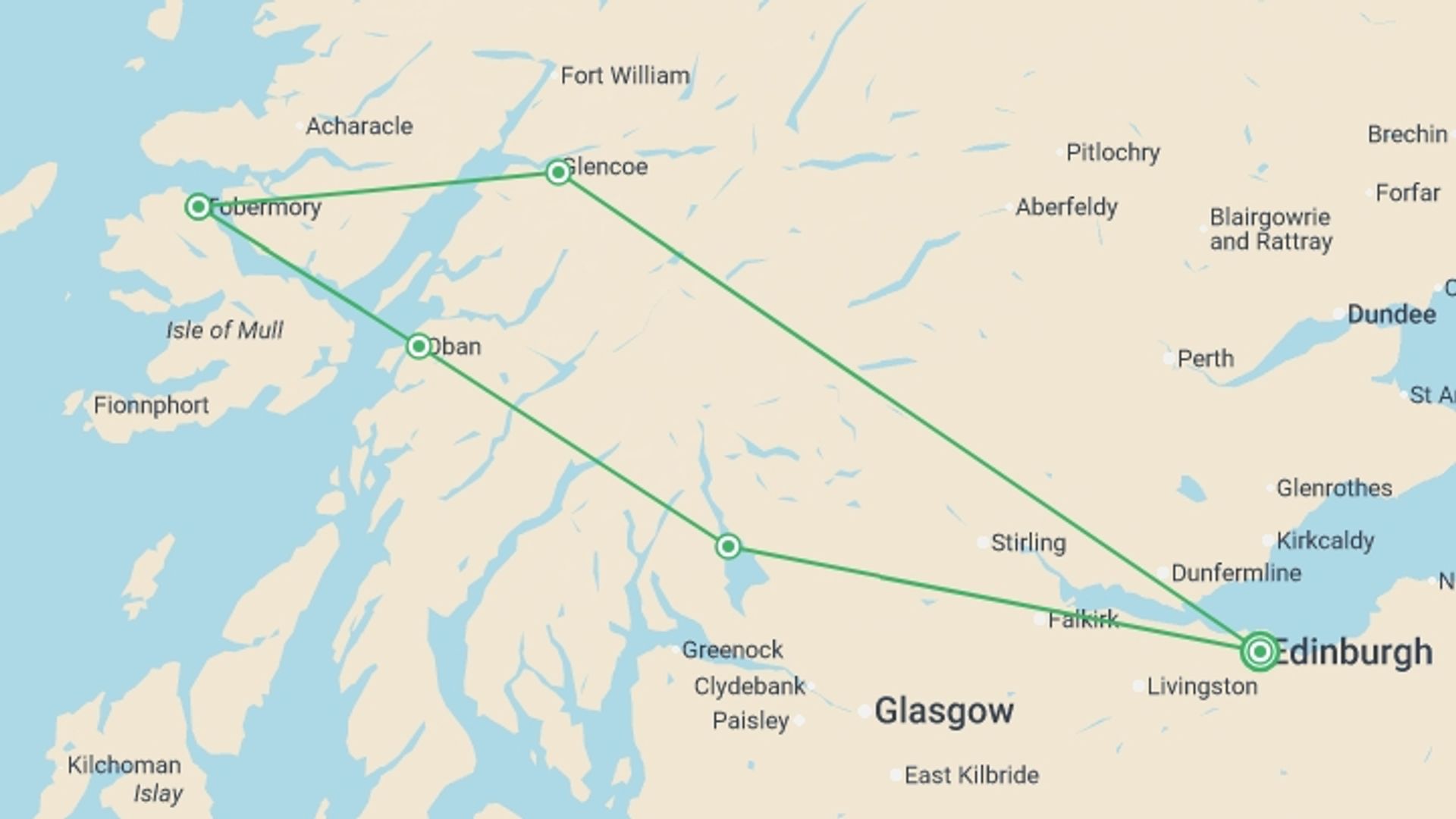 A map showing the tour itinerary for the trip: Mull, Iona & Highlands (Hotel) - 4 days, starting in Edinburgh, Scotland and ending in Edinburgh, Scotland going through 1 other destinations.