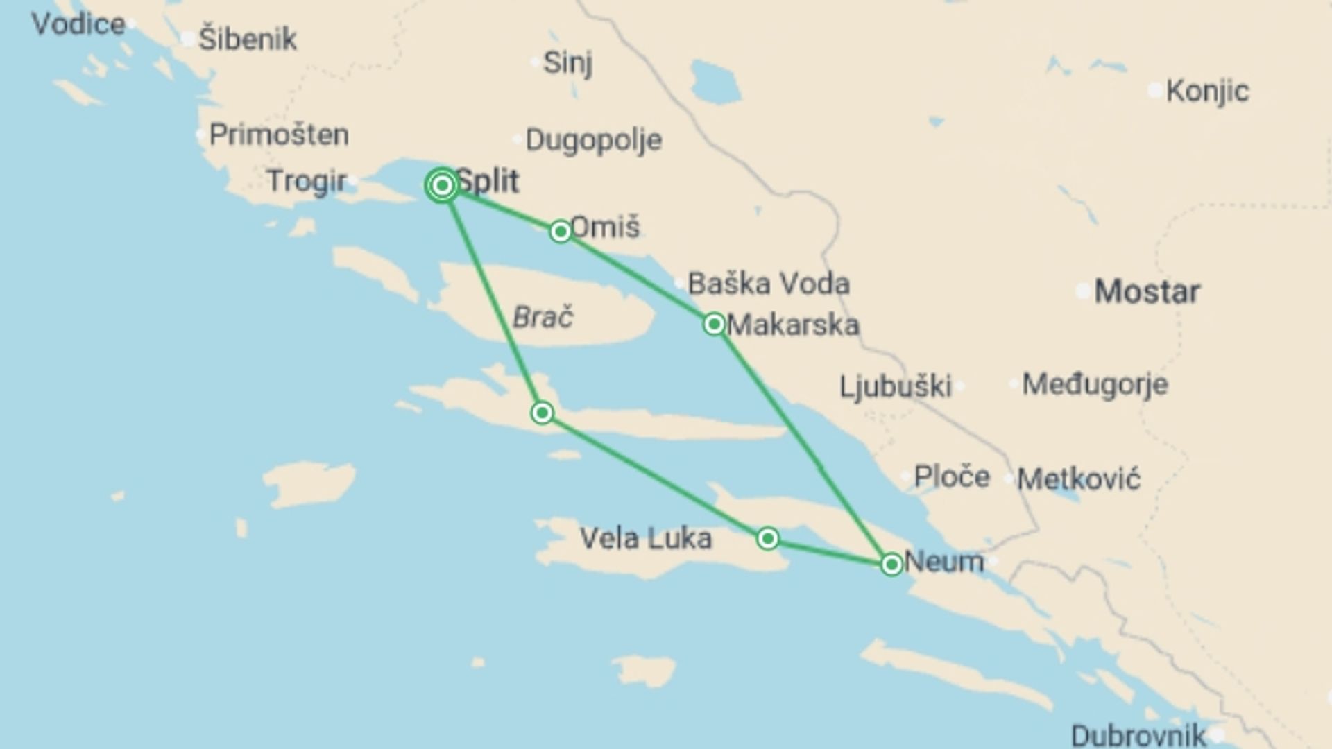 A map showing the tour itinerary for the trip: Croatia Island Sail and Ultra Music Festival with Festigo Travel, starting in Split, Croatia and ending in Split, Croatia going through 5 other destinations.