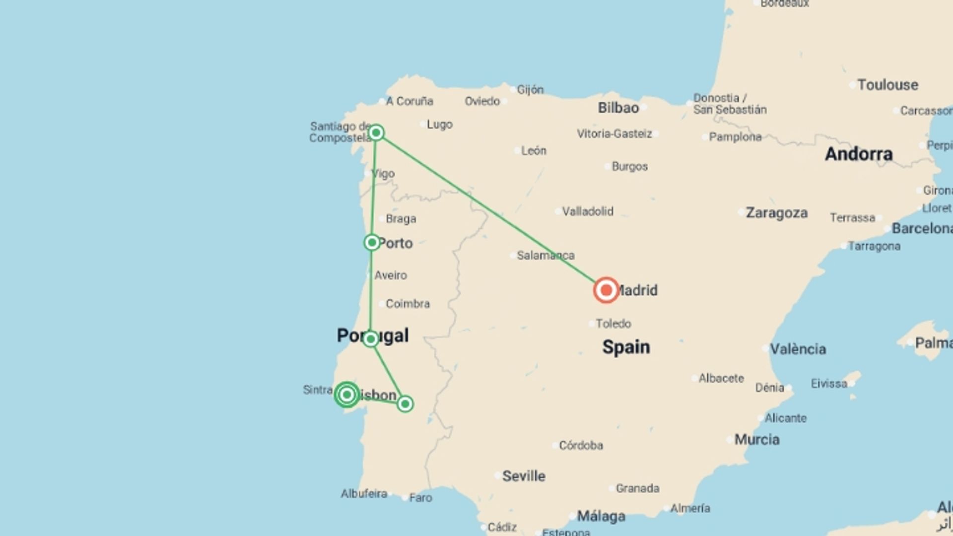 A map showing the tour itinerary for the trip: Sunlit Trails Lisbon to Madrid Adventure - 9 days, starting in Lisbon, Portugal and ending in Madrid, Spain going through 4 other destinations.