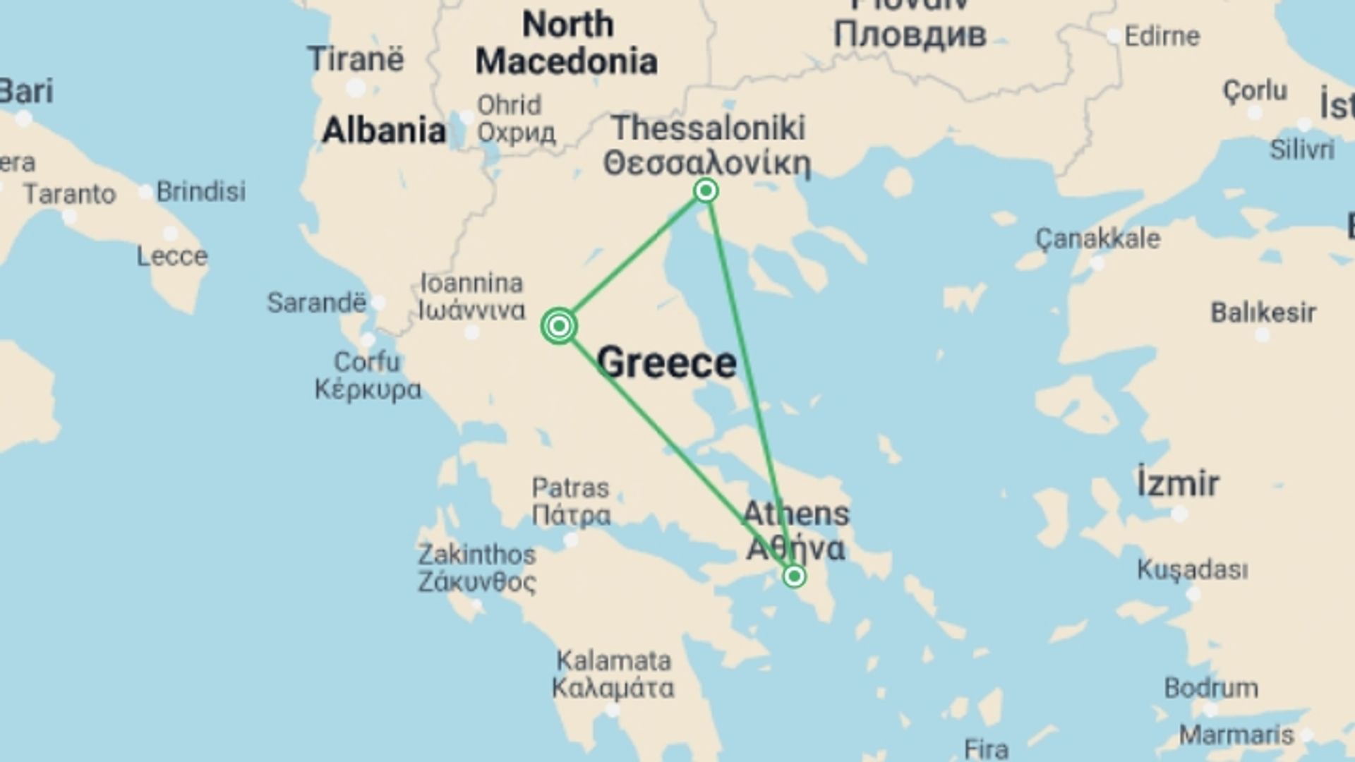 A map showing the tour itinerary for the trip: 5 Days Northern Greece With Meteora, Delphi, Vergina And Thessaloniki, starting in Meteora, Greece and ending in Meteora, Greece going through 2 other destinations.