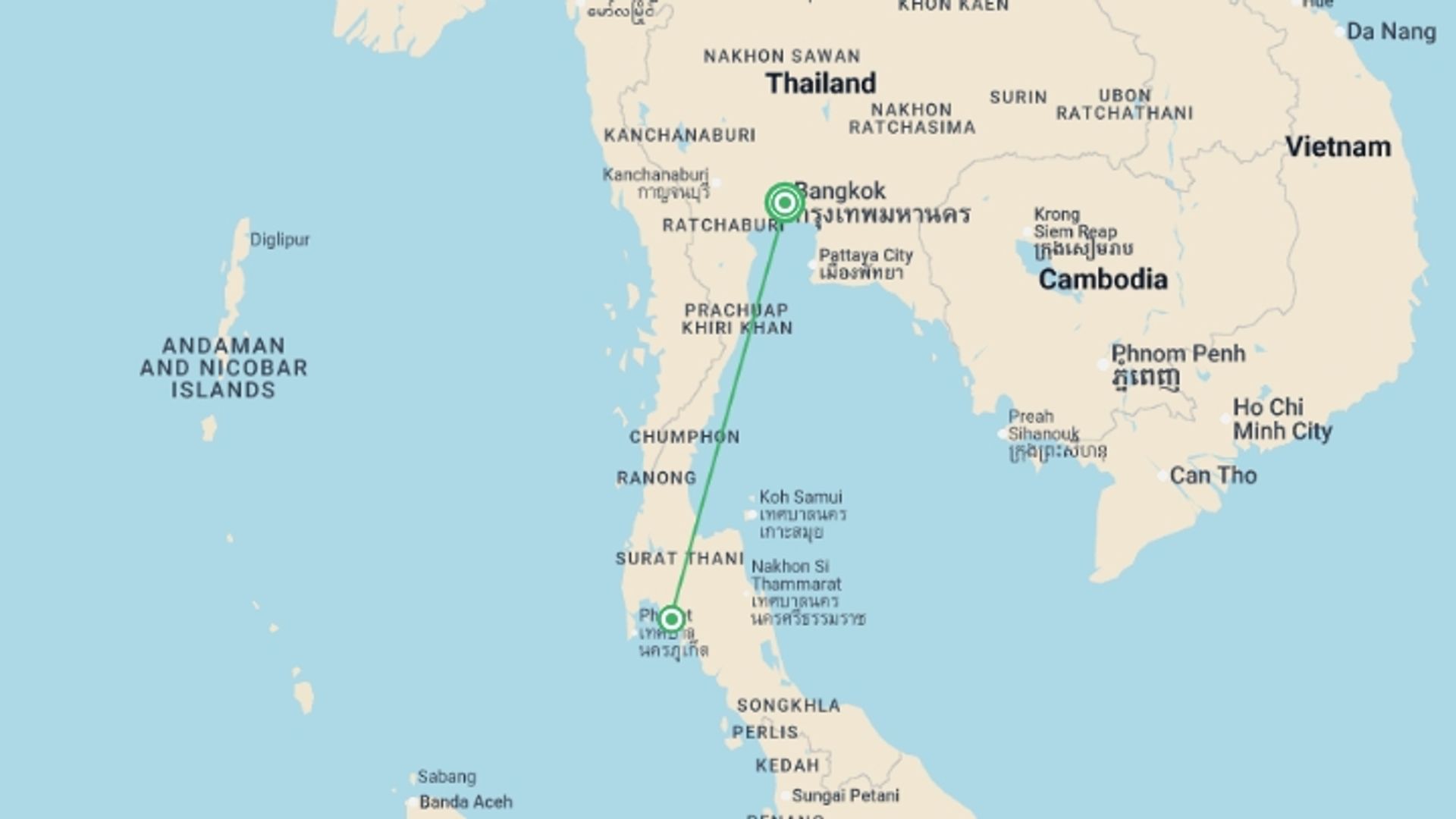 A map showing the tour itinerary for the trip: Bangkok Basics & Krabi Beach Package, Small Group Tour, starting in Bangkok, Thailand and ending in Bangkok, Thailand going through 1 other destinations.