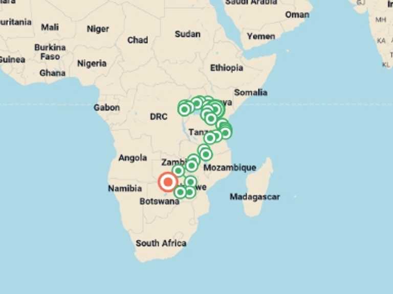 Map itinerary of Southern Africa Tour in February 2026 with 28 destination visits for the trip: Gorillas to Vic Falls