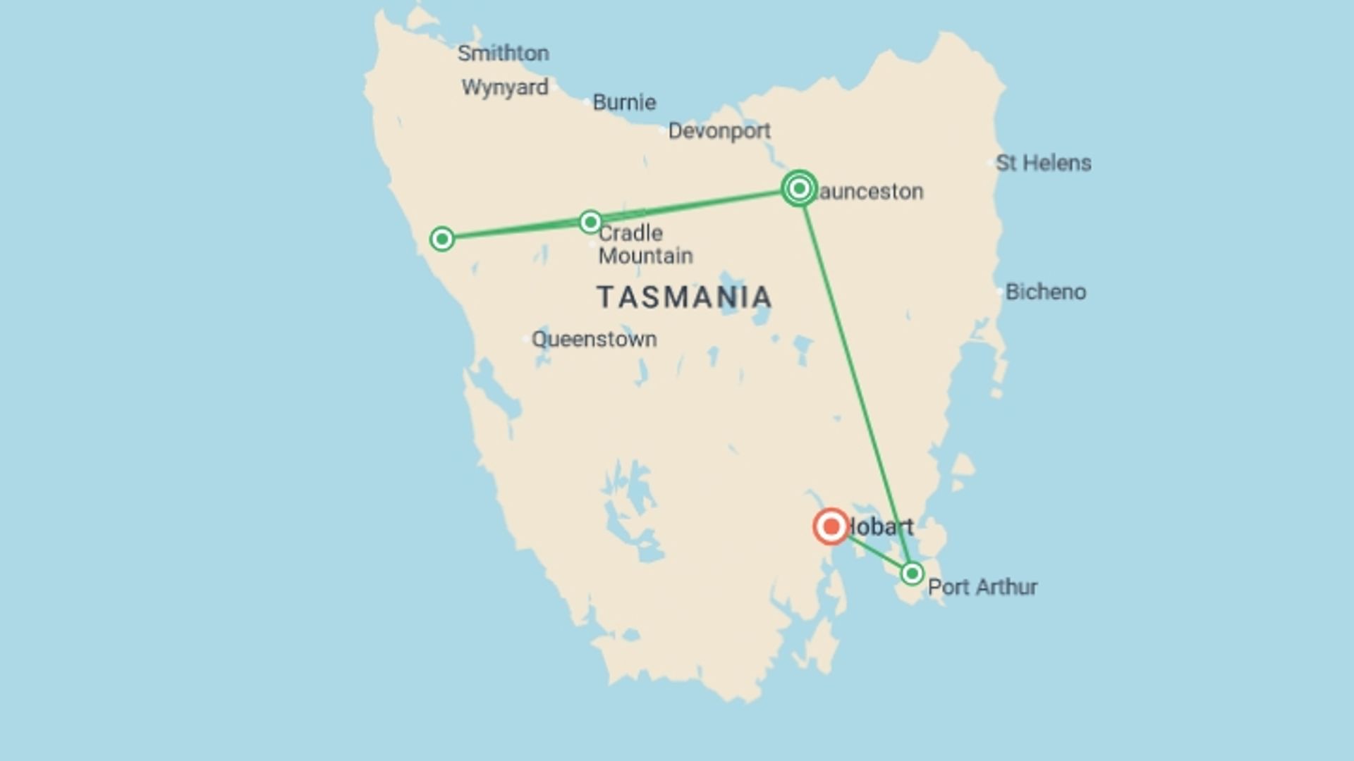 A map showing the tour itinerary for the trip: Best of Tasmania, starting in Launceston, Australia and ending in Hobart, Australia going through 4 other destinations.
