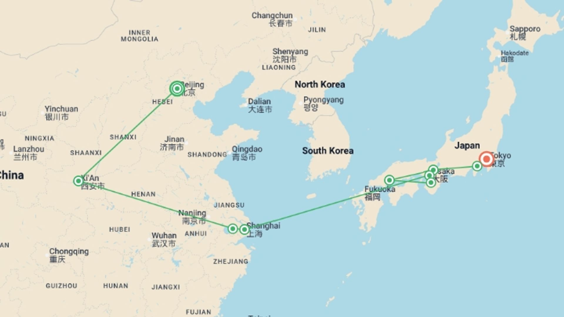 A map showing the tour itinerary for the trip: Beijing to Tokyo: The Great Wall & Mt Fuji, starting in Beijing, China and ending in Tokyo, Japan going through 8 other destinations.