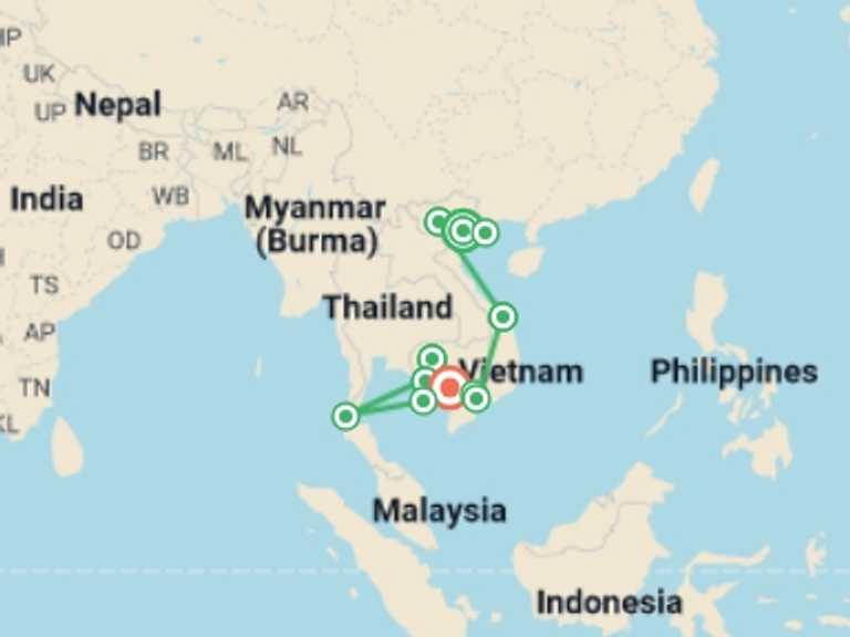 Map itinerary of Asia Tour in May 2027 with 11 destination visits for the trip: Southeast Asia: Vietnam, Cambodia & the Cardamom Mountains