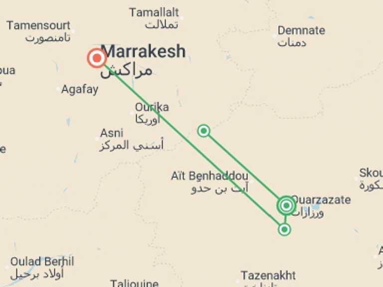 Map itinerary of Mediterranean Tour in July 2026 with 2 destination visits for the trip: Ouarzazate Overnight, 2 Days, Private Tour