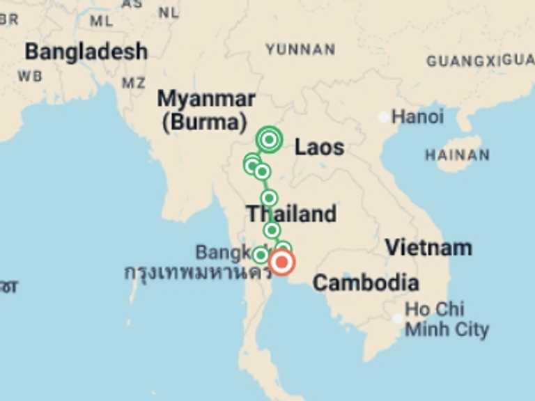 Map itinerary of Thailand Tour in August 2026 with 6 destination visits for the trip: Thailand Grand Tour, Small Group Tour (other Languages)