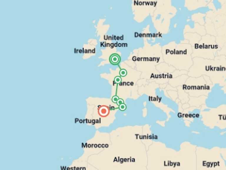 Map itinerary of Mediterranean Tour in May 2026 with 7 destination visits for the trip: London to Madrid