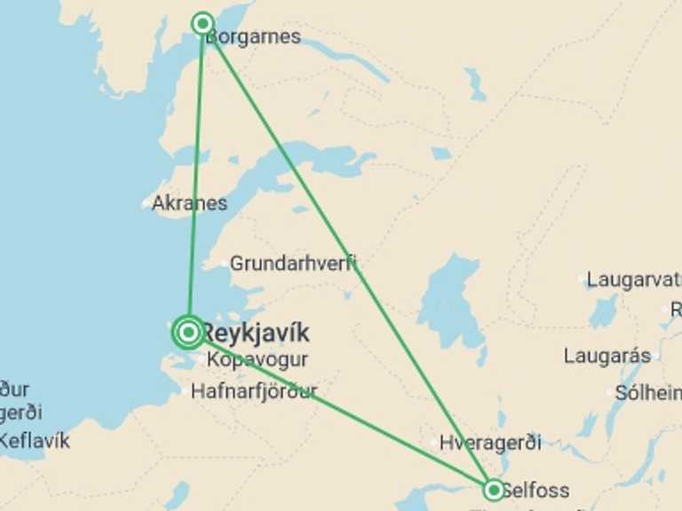 Map itinerary of Reykjavik Tour in March 2026 with 4 destination visits for the trip: Iceland Highlights