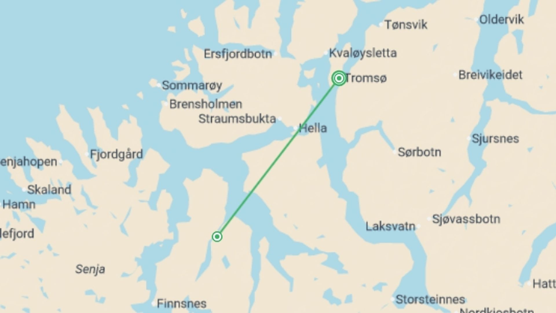 A map showing the tour itinerary for the trip: Tromso and the Northern Lights - 5 days, starting in Tromso, Norway and ending in Tromso, Norway going through 1 other destinations.
