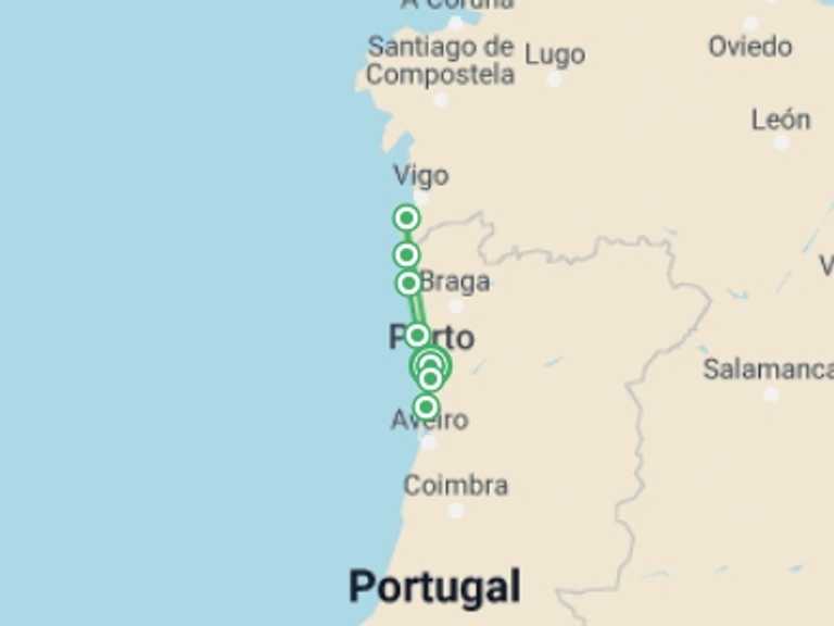 Map itinerary of Spain Tour in February 2026 with 8 destination visits for the trip: Atlantic Coast - Bike Tour