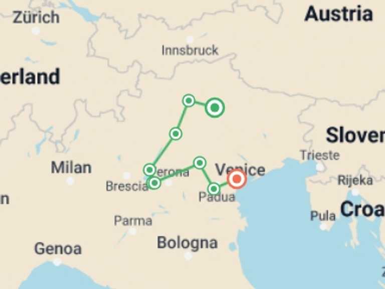 Map of 8-Day Venice Tour with 10 destination visits for the trip: Backroads to Venice