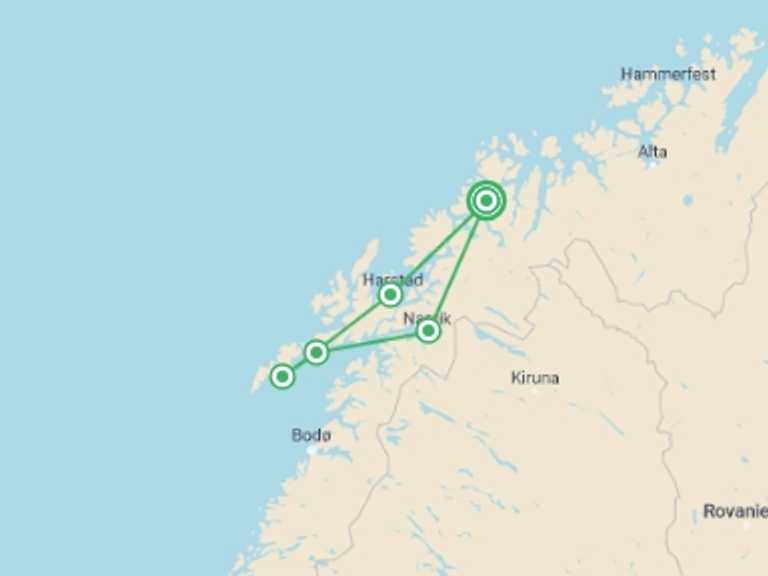 Map itinerary of Scandinavia Tour in February 2026 with 4 destination visits for the trip: An Arctic Adventure in Norway