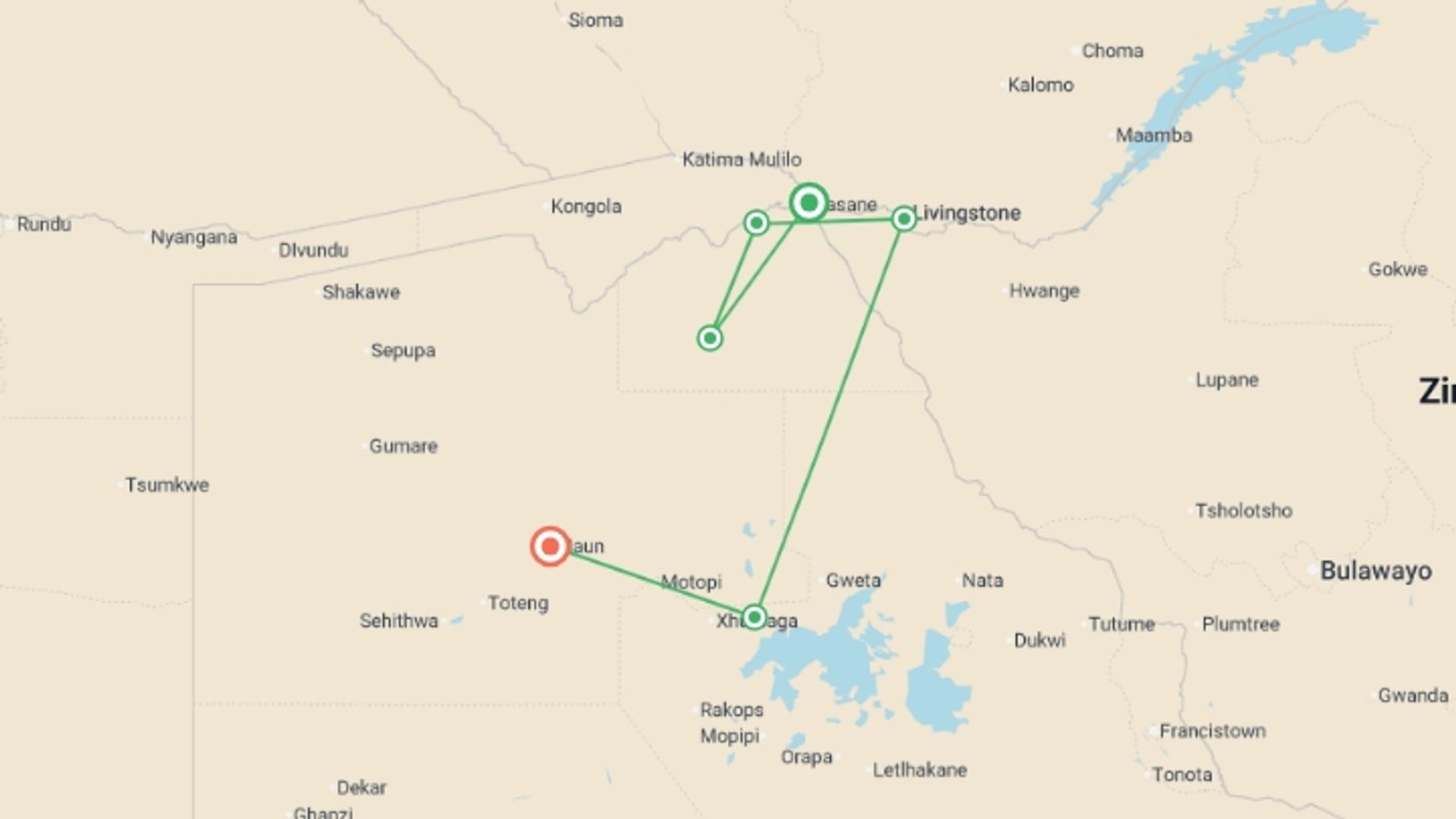 A map showing the tour itinerary for the trip: Premium Botswana, starting in Kasane, Botswana and ending in Maun, Botswana going through 4 other destinations.