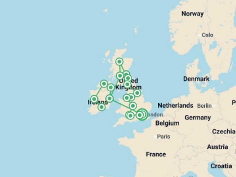 Map itinerary of Europe Tour in Spring with 14 destination visits for the trip: Great Britain and Ireland