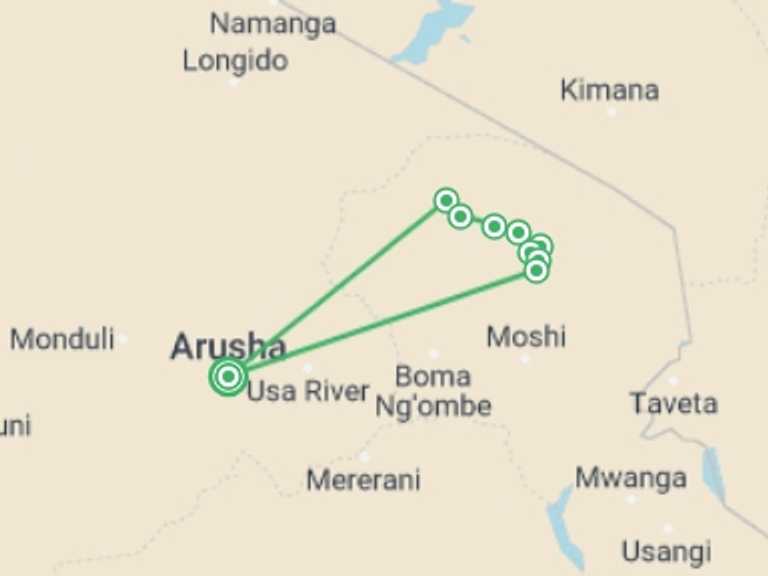 Map of Tanzania Tour with 9 destination visits for the trip: Kilimanjaro - Lemosho Route