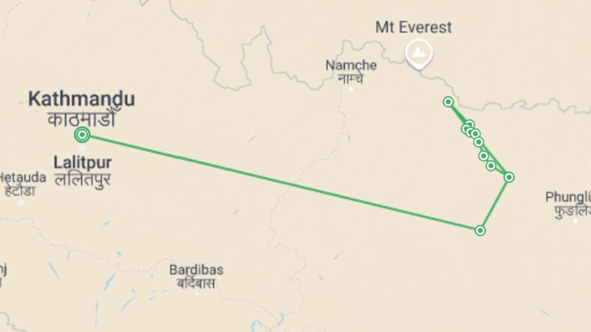 A map showing the tour itinerary for the trip: Makalu Base Camp Trek, starting in Kathmandu, Nepal and ending in Kathmandu, Nepal going through 10 other destinations.