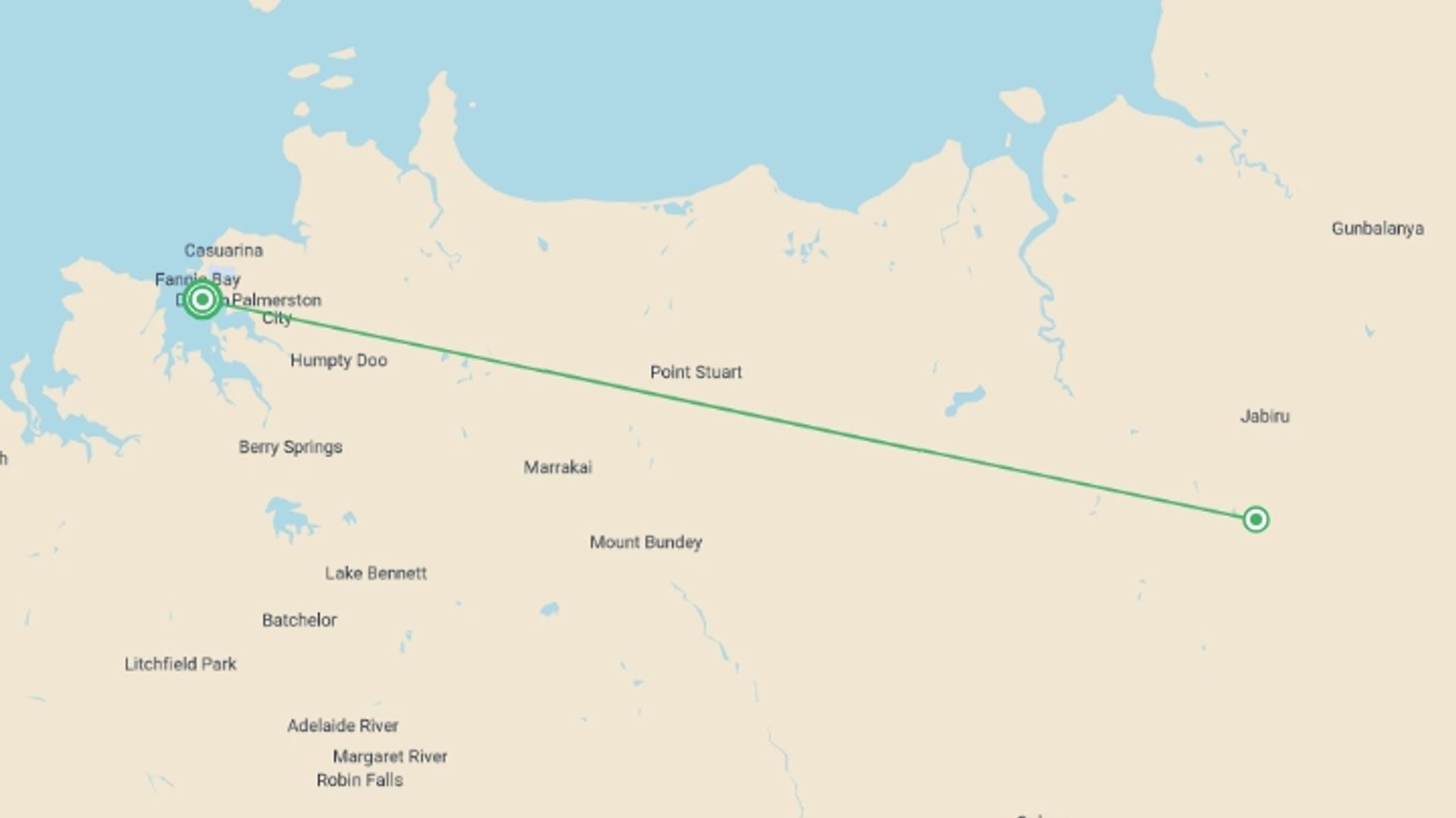 A map showing the tour itinerary for the trip: Best of the Top End & Kakadu, starting in Darwin, Australia and ending in Darwin, Australia going through 1 other destinations.