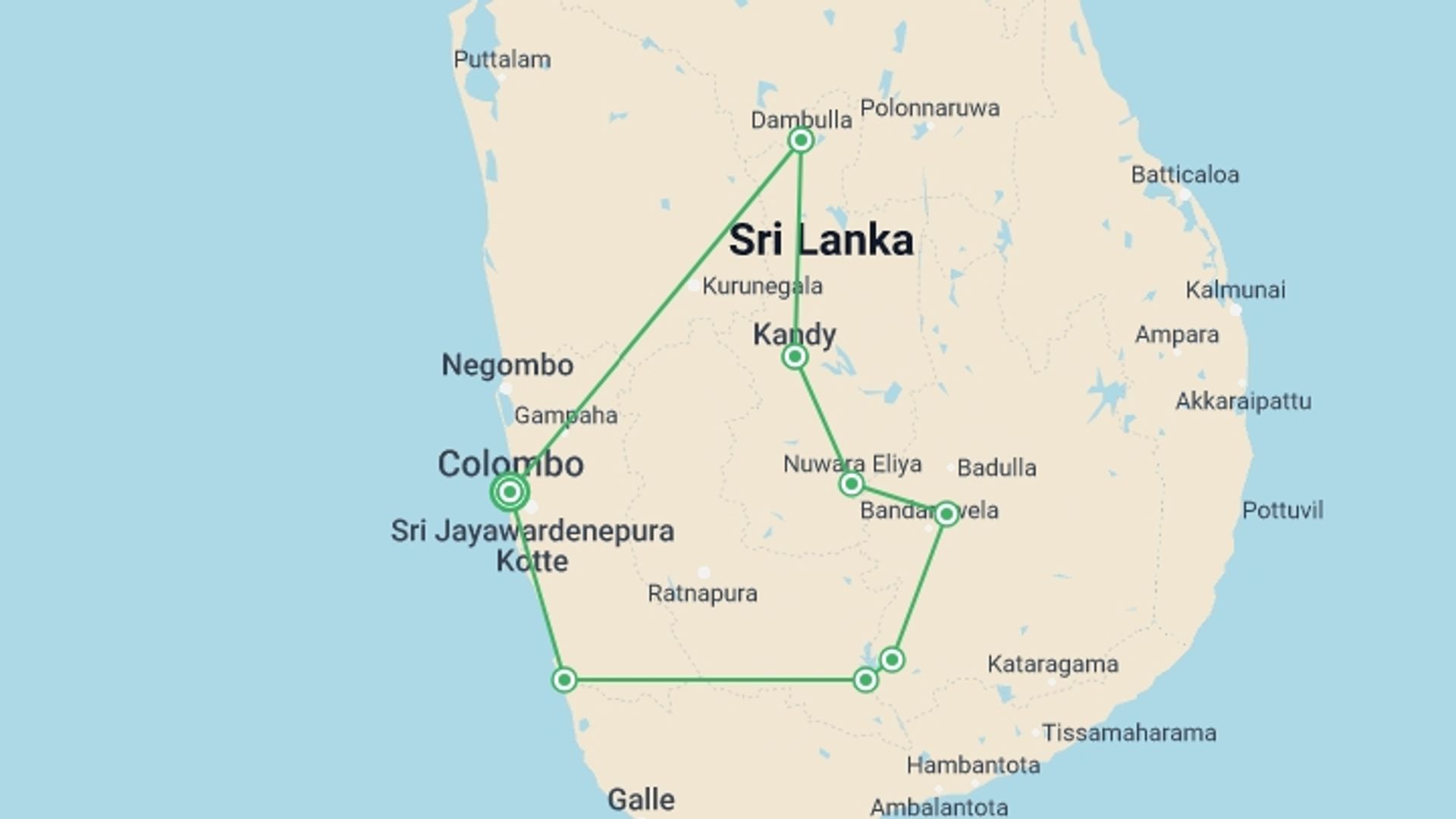 A map showing the tour itinerary for the trip: Sri Lanka Family Vacation , starting in Colombo, Sri Lanka and ending in Colombo, Sri Lanka going through 7 other destinations.