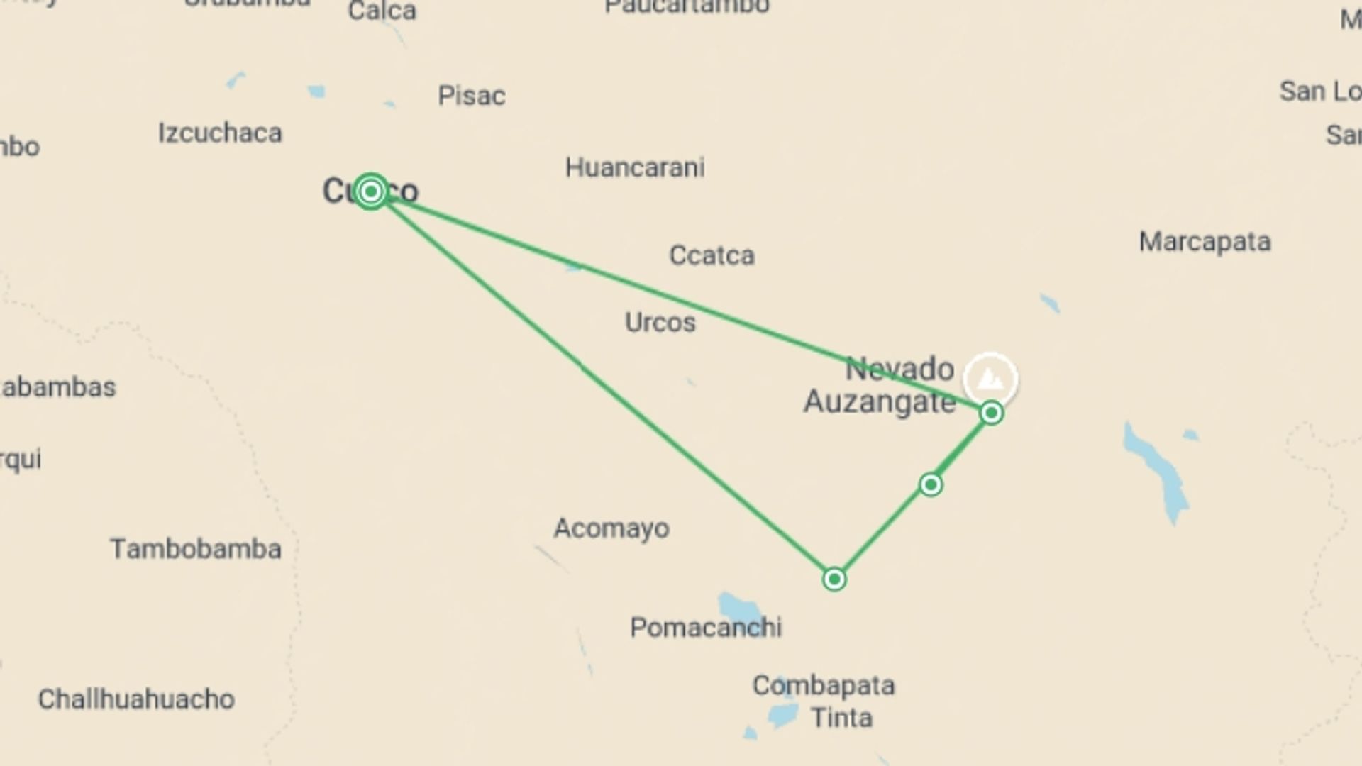 A map showing the tour itinerary for the trip: Rainbow Mountain Trek 2D/1N, starting in Cusco, Peru and ending in Cusco, Peru going through 2 other destinations.
