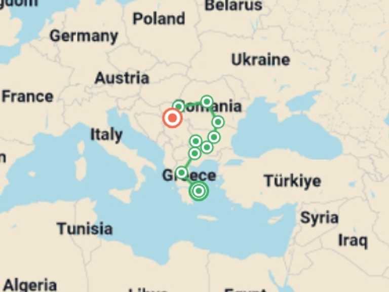 Map itinerary of Mediterranean Tour in Summer with 10 destination visits for the trip: From Athens to Belgrade