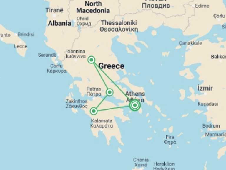 Map of Athens Cultural, religious and historic sites Tour with 5 destination visits for the trip: 4 Days Mainland Greece With Meteora