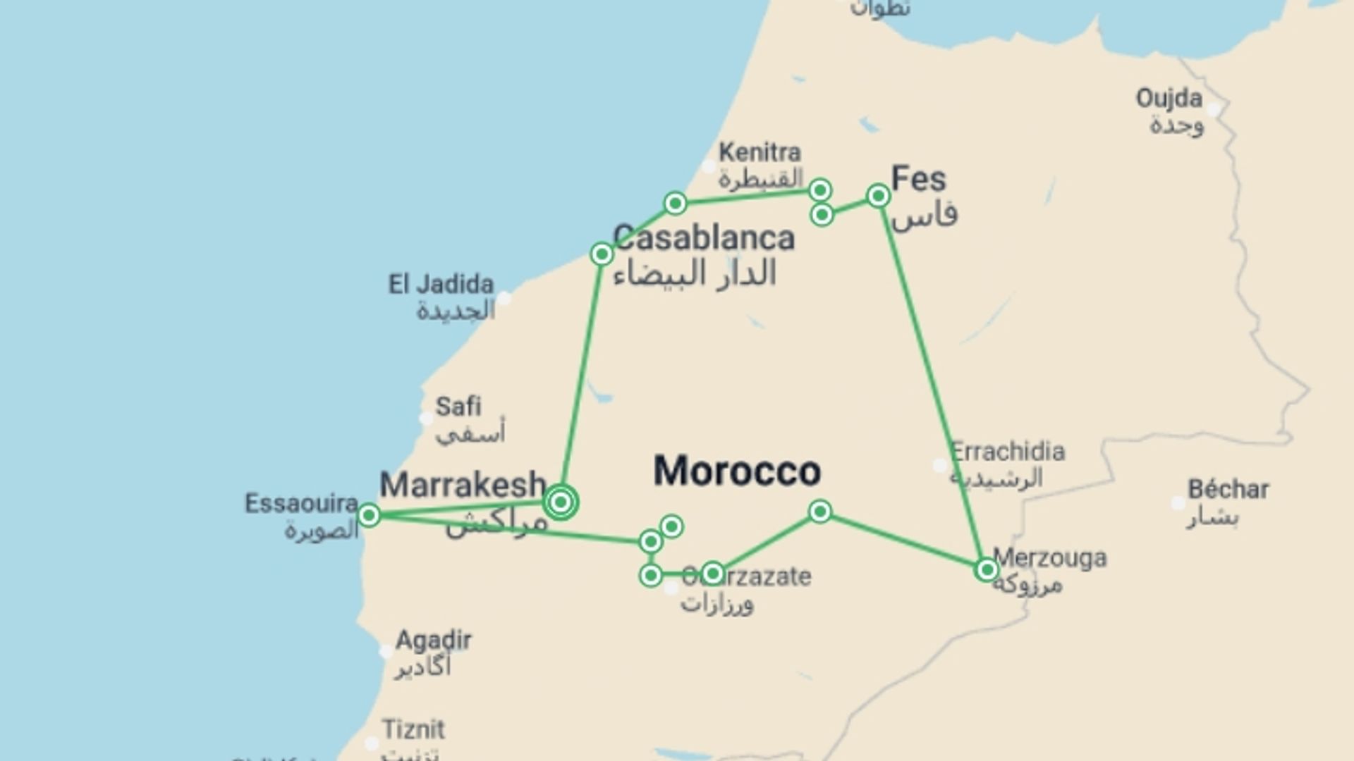 A map showing the tour itinerary for the trip: Highlights of Morocco, starting in Marrakech, Morocco and ending in Marrakech, Morocco going through 7 other destinations.