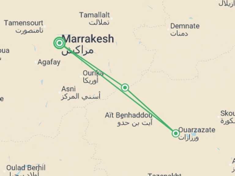 Map itinerary of Mediterranean Tour in December 2026 with 2 destination visits for the trip: Ouarzazate Overnight, 4 Days, Private Tour