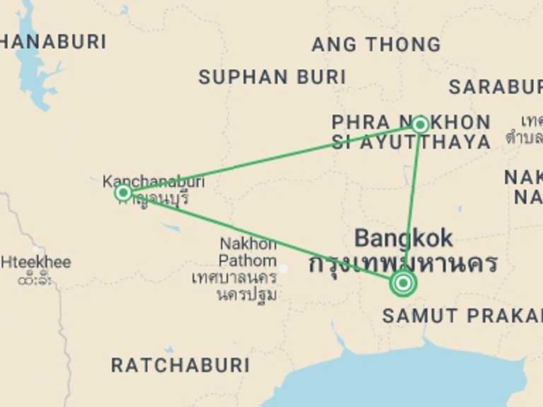 Map itinerary of Bangkok Tour in Fall with 3 destination visits for the trip: River Kwai & Ancient Thai Kingdoms
