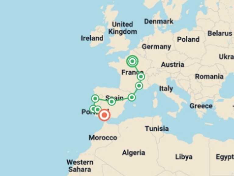 Map of France and Spain Tour with 9 destination visits for the trip: Essential France, Spain & Portugal