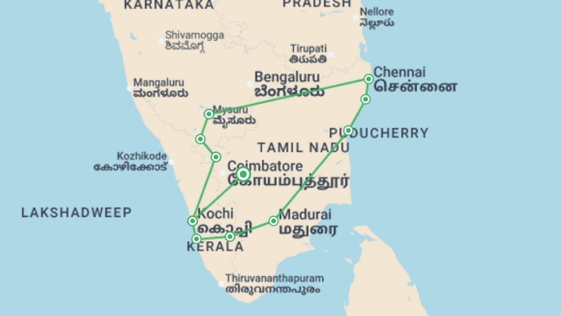 A map showing the tour itinerary for the trip: Southern India, starting in Kerala & Tamil Nadu, India and ending in Kerala & Tamil Nadu, India going through 9 other destinations.