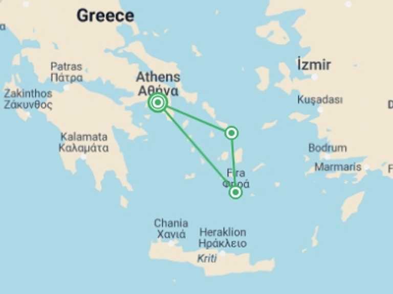 Map of Greece Chill out Tour with 3 destination visits for the trip: Athens, Mykonos & Santorini