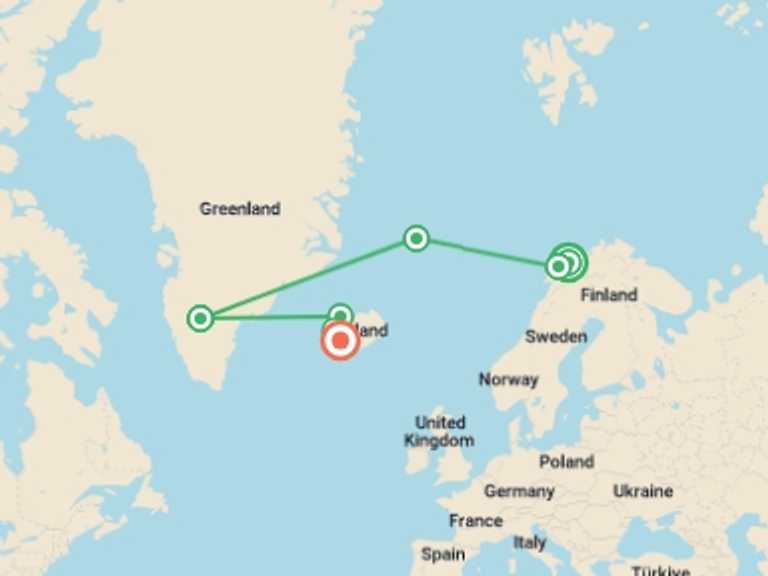 Map itinerary of Scandinavia Tour in August 2027 with 9 destination visits for the trip: Northern Lights Explorer - M/V Sylvia Earle