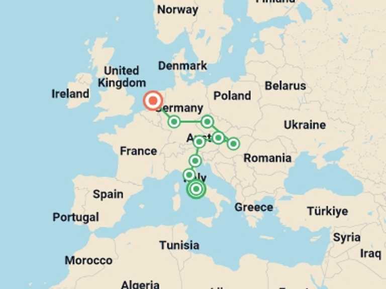 Map itinerary of Europe Tour in July 2026 with 9 destination visits for the trip: La Dolce Adventure