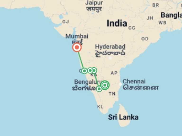 Map itinerary of India Tour in November 2026 with 6 destination visits for the trip: Karnataka Tour with Goa & Mumbai 
