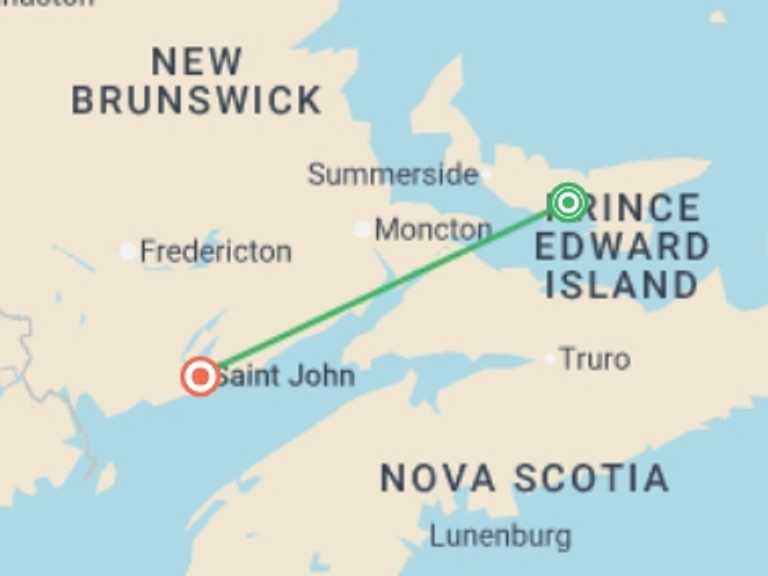 Map itinerary of North America Tour in June 2026 with 3 destination visits for the trip: The Maritimes:  Prince Edward Island to New Brunswick