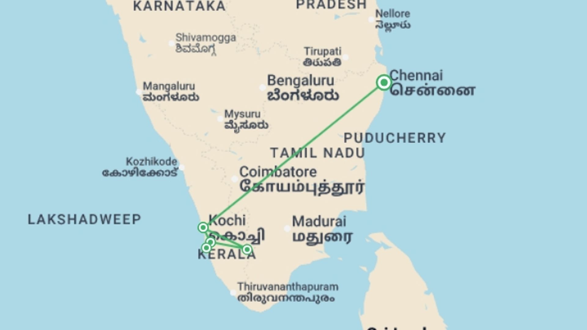 A map showing the tour itinerary for the trip: Captivating Kerala, starting in Chennai, India and ending in Chennai, India going through 3 other destinations.