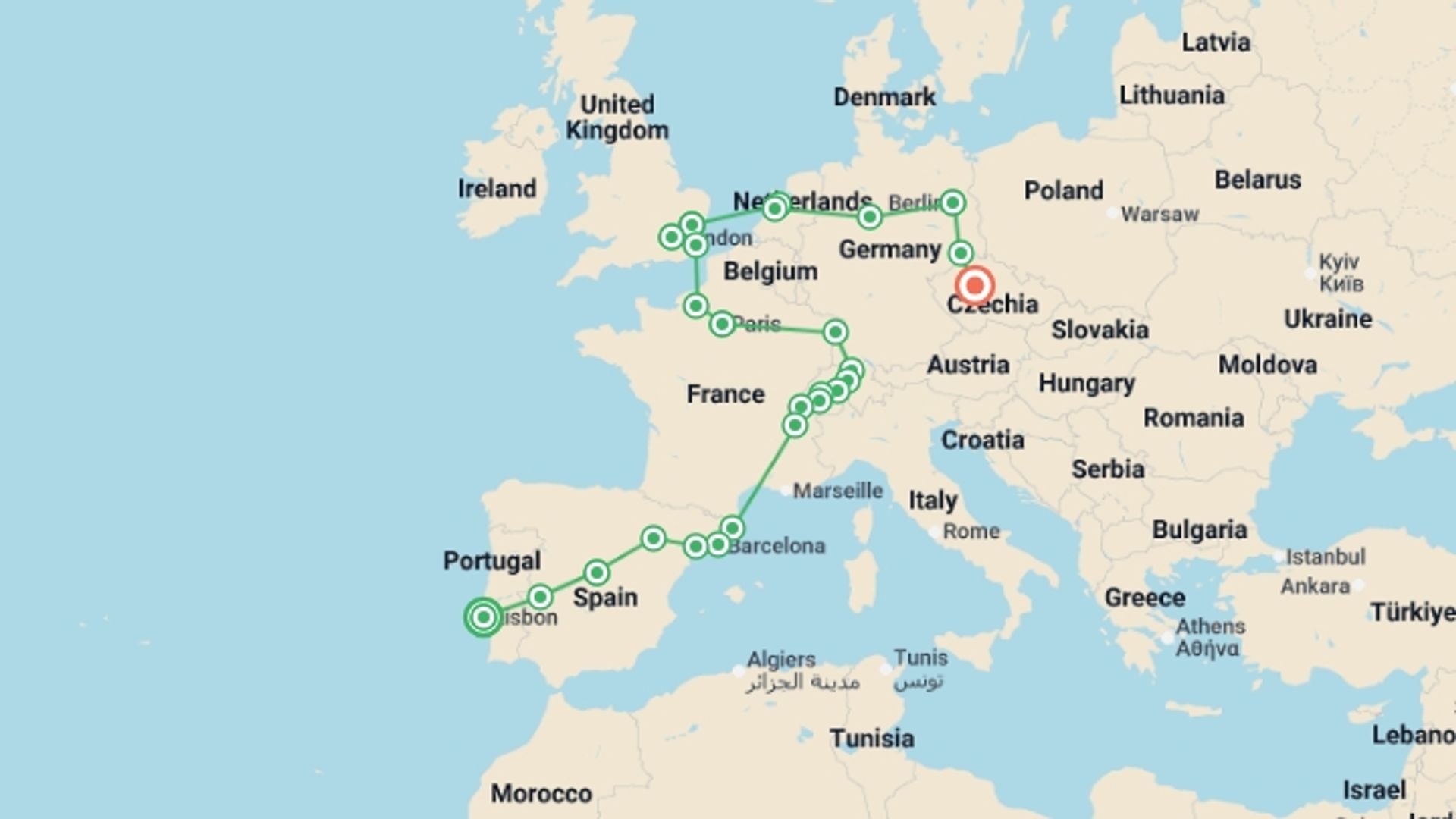 A map showing the tour itinerary for the trip: Complete Europe, starting in Lisbon, Portugal and ending in Prague, Czech Republic going through 12 other destinations.
