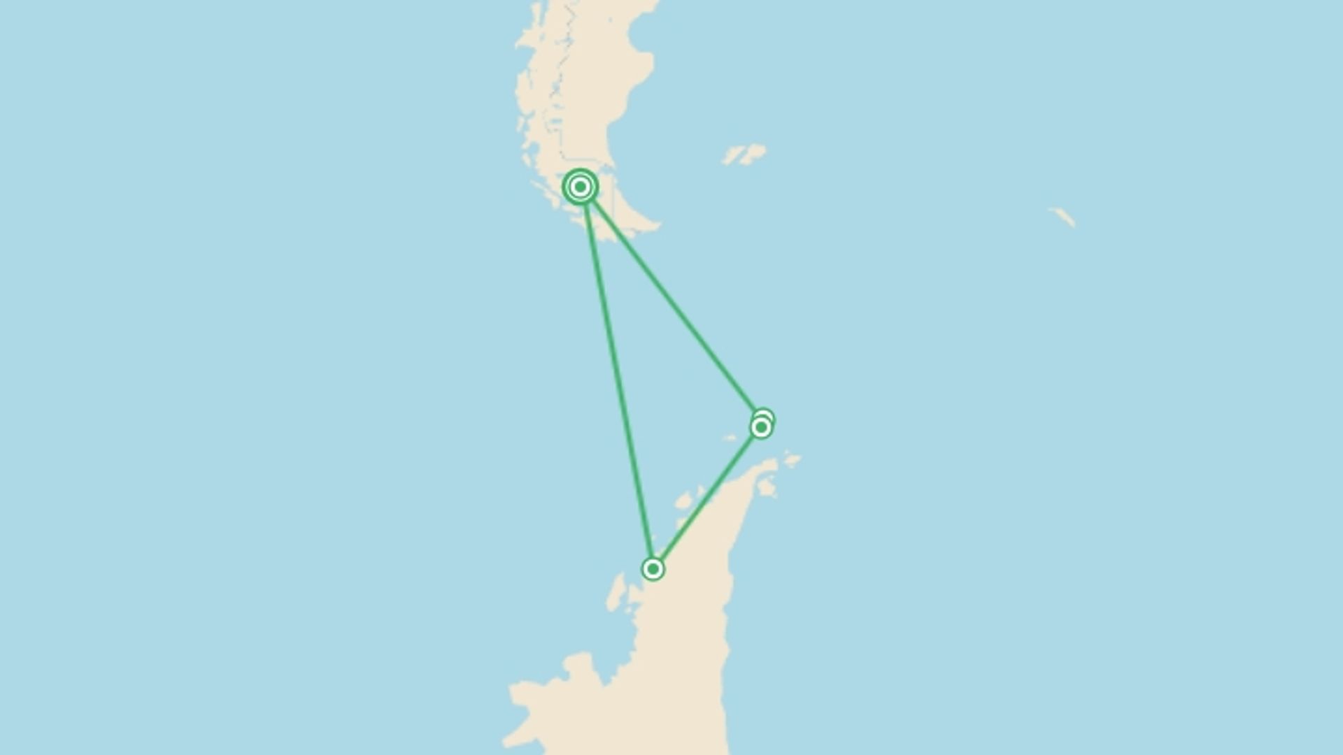 A map showing the tour itinerary for the trip: Antarctic Express: Crossing the Circle, starting in Punta Arenas, Chile and ending in Punta Arenas, Chile going through 4 other destinations.