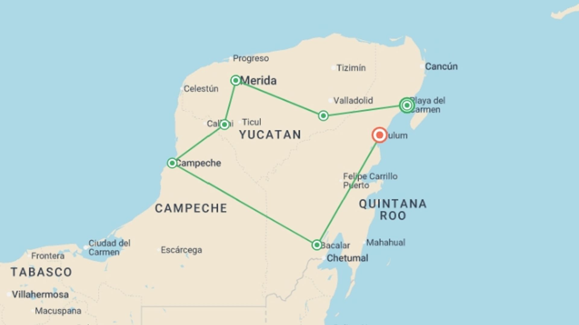 A map showing the tour itinerary for the trip: Yucatan Peninsula Adventure, starting in Playa Del Carmen, Mexico and ending in Tulum, Mexico going through 3 other destinations.