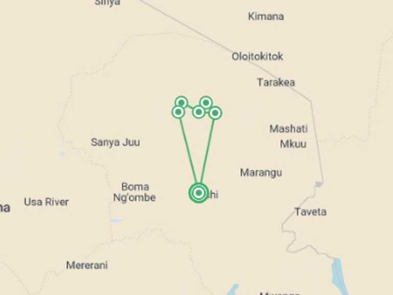 Map itinerary of Kilimanjaro Marangu Route Tour in August 2027 with 6 destination visits for the trip: Kilimanjaro: Machame Route