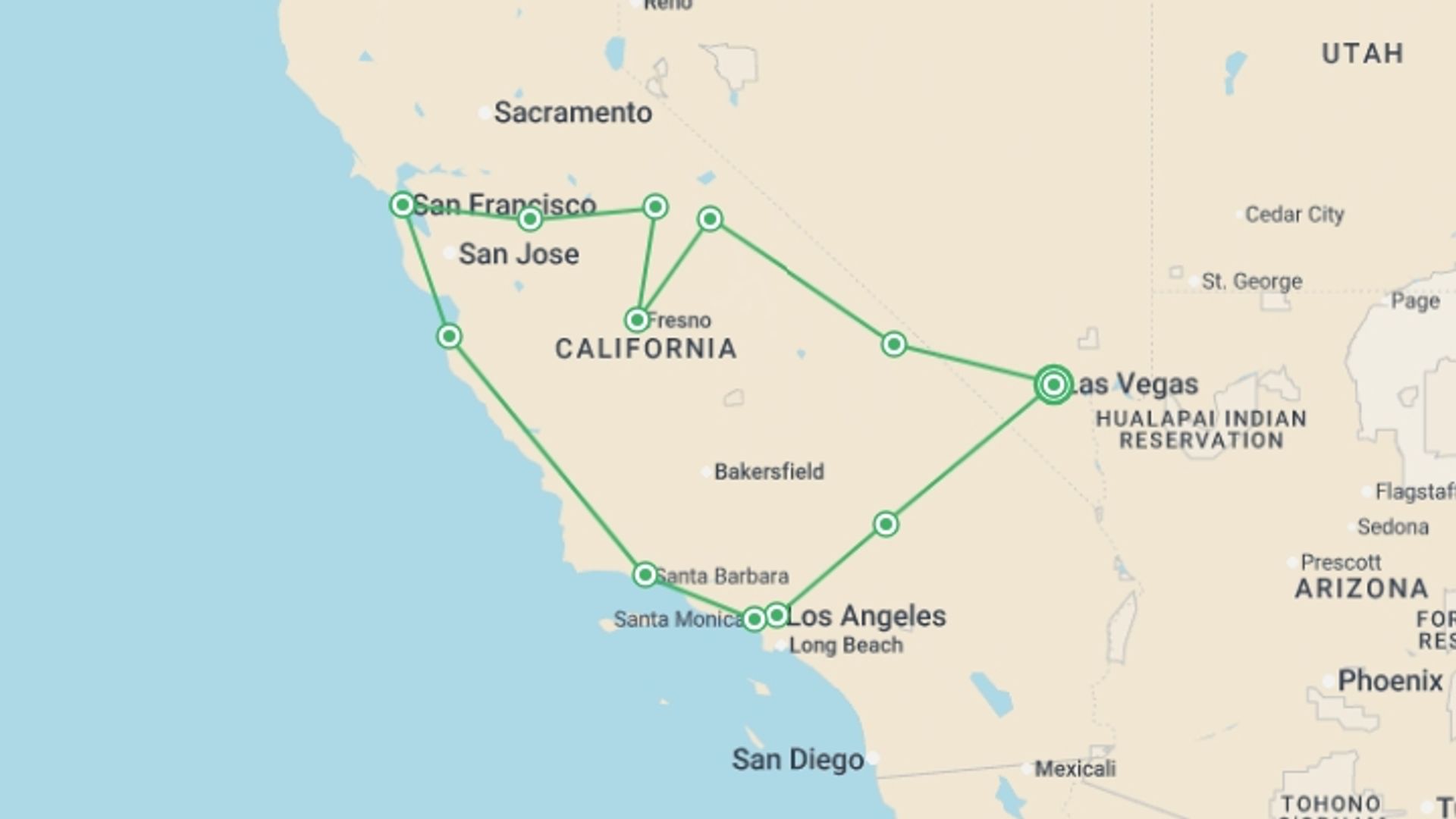 A map showing the tour itinerary for the trip: Las Vegas, San Francisco & Los Angeles - 8 days, starting in Las Vegas, USA and ending in Las Vegas, USA going through 4 other destinations.