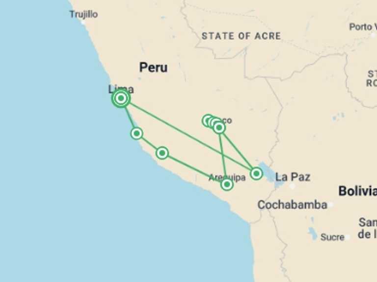 Map of Lima Tour with 8 destination visits for the trip: Journeys: Inca Explorer