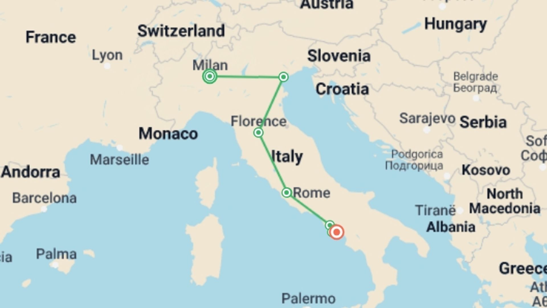 A map showing the tour itinerary for the trip: Absolute Italy: Milan to the Amalfi Coast, starting in Milan, Italy and ending in Amalfi Coast & Campania, Italy going through 7 other destinations.