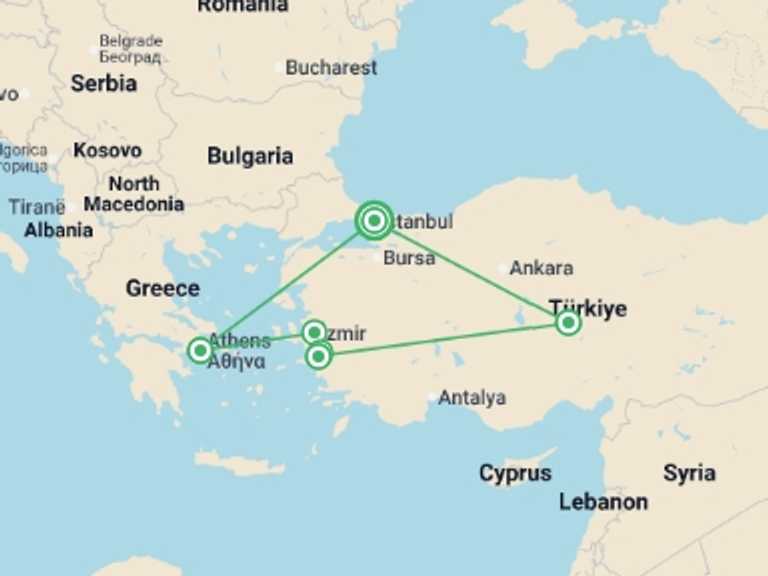 Map of Europe Tour with 4 destination visits for the trip: Flavours Of Turkey And Greece -ii-